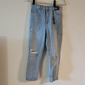 Express Light Blue Cropped Mom Jeans with Rips Super High Rise